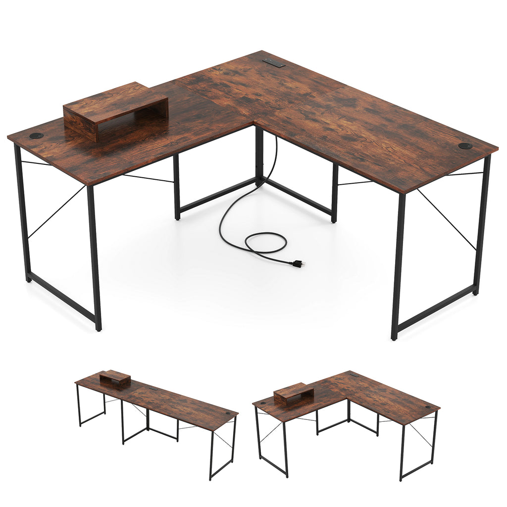 95-Inch L-Shaped Computer Desk for 2, Rustic Brown