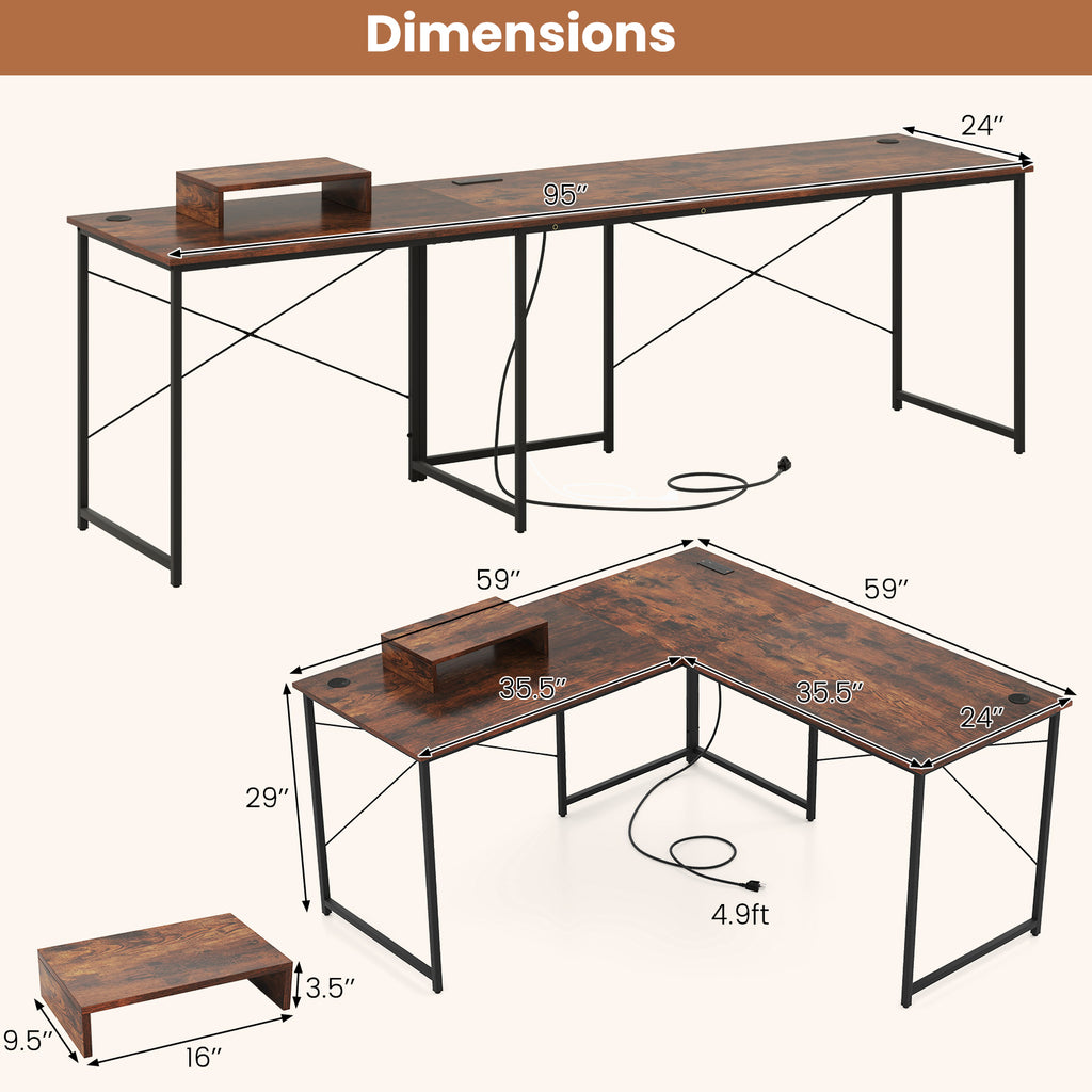 95-Inch L-Shaped Computer Desk for 2, Rustic Brown