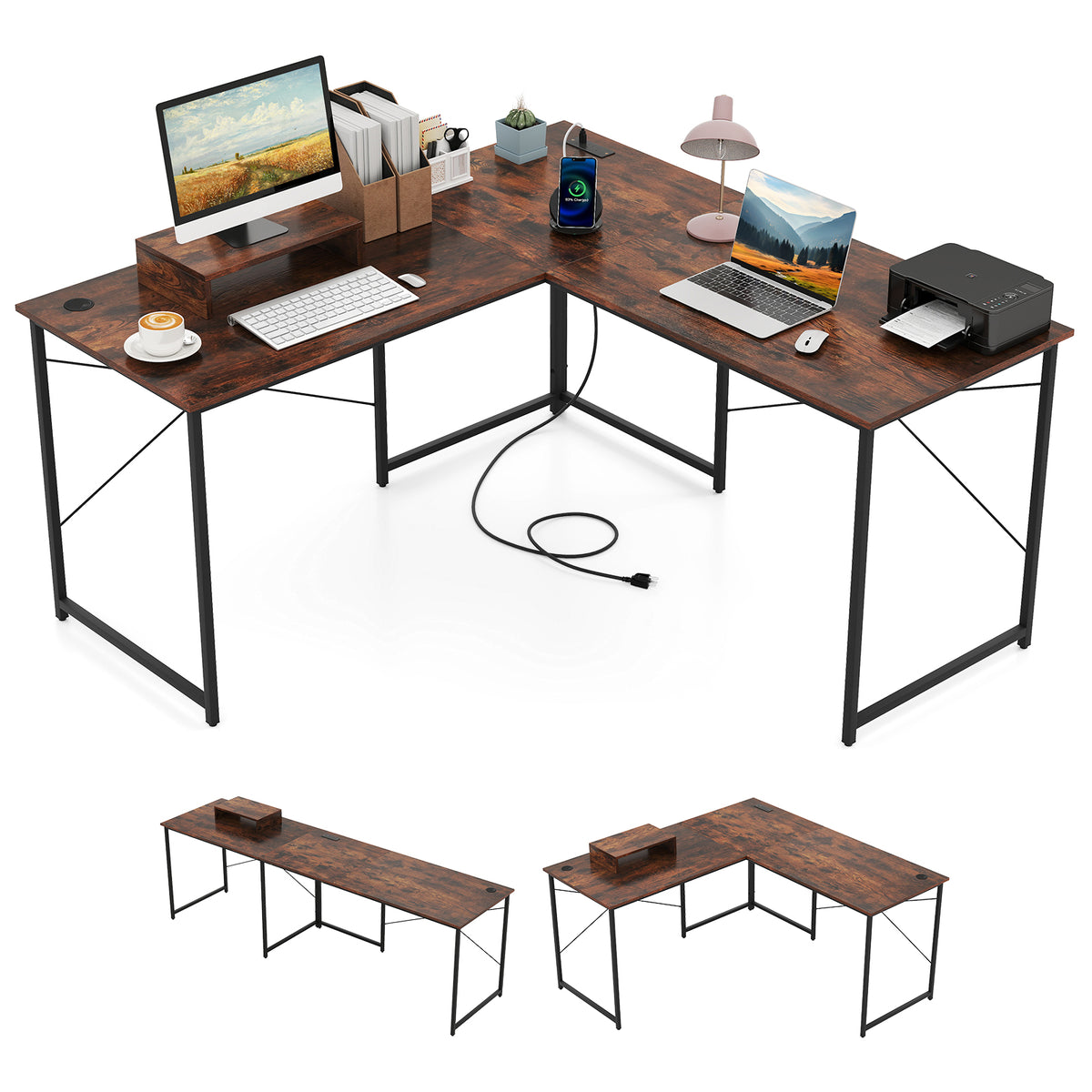 95-Inch L-Shaped Computer Desk for 2, Rustic Brown
