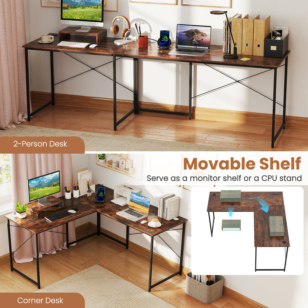 95-Inch L-Shaped Computer Desk for 2, Rustic Brown