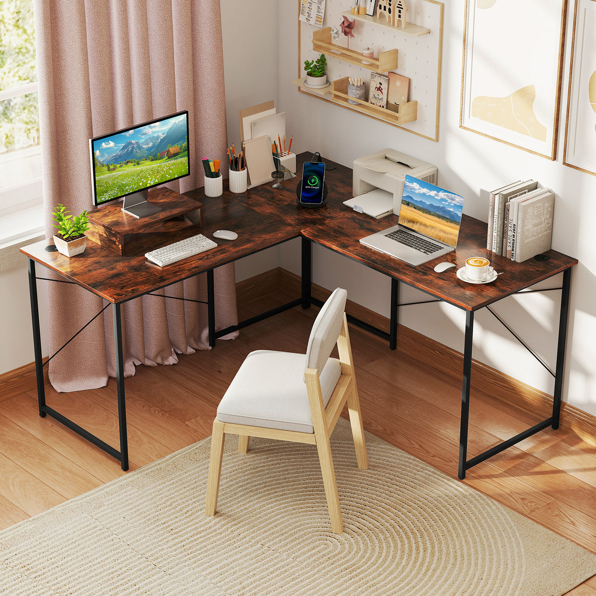 95-Inch L-Shaped Computer Desk for 2, Rustic Brown