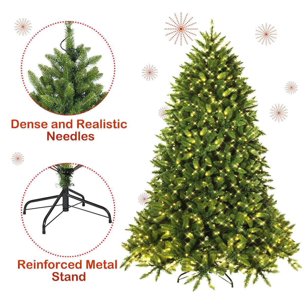 6 Ft Artificial Fir Christmas Tree with LED Lights & Branch Tips - Costway