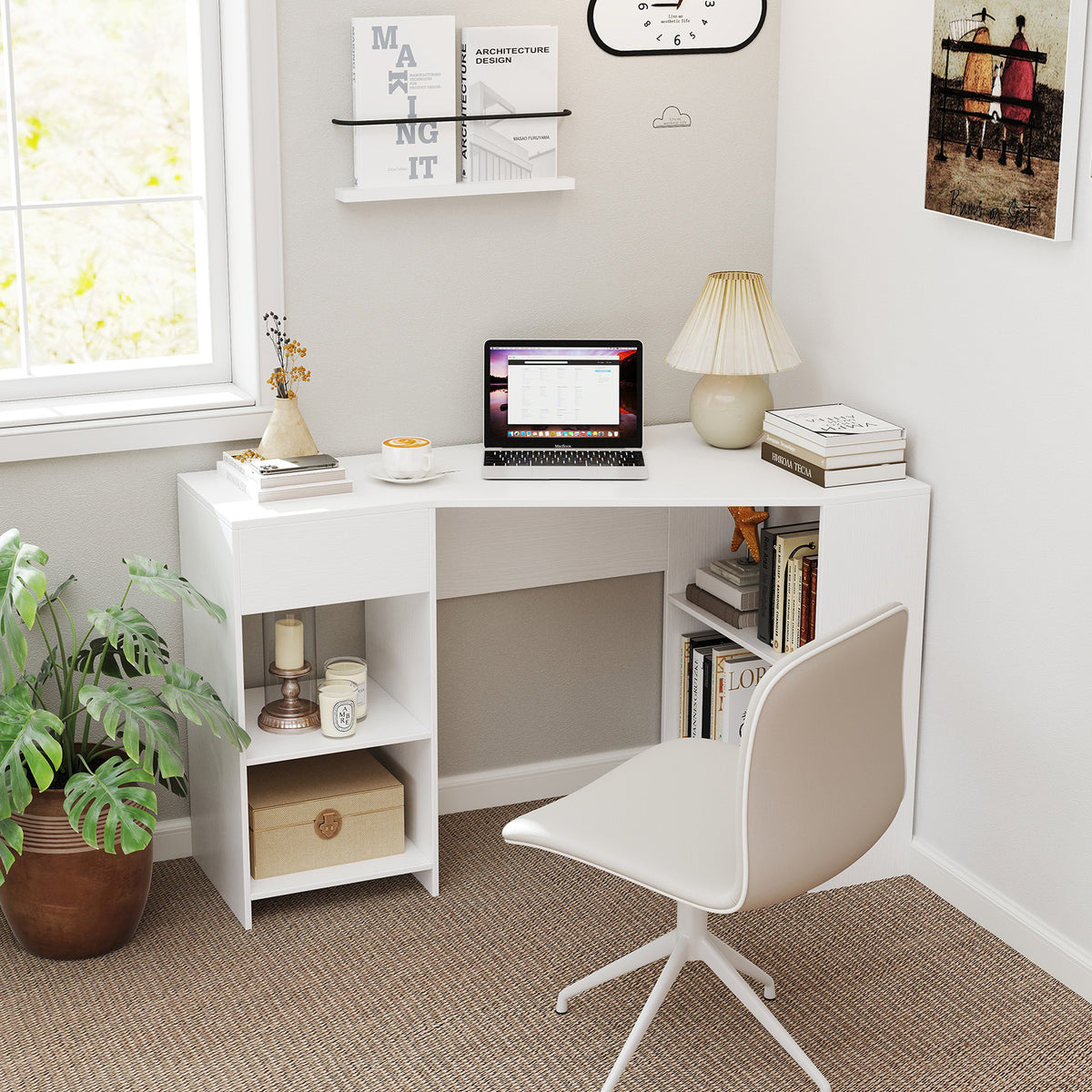 48-Inch L-Shaped Computer Desk with Drawer - White