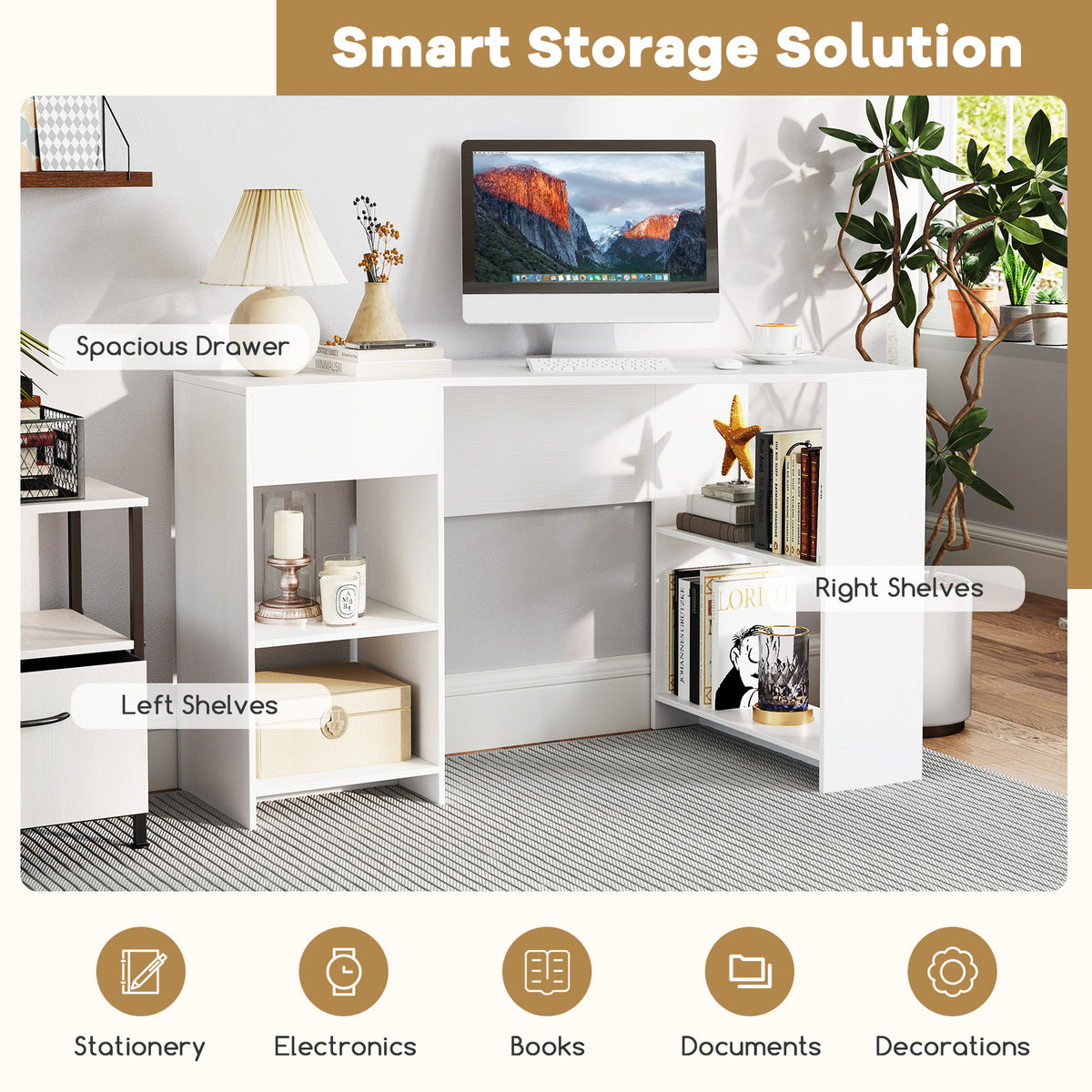 48-Inch L-Shaped Computer Desk with Drawer - White