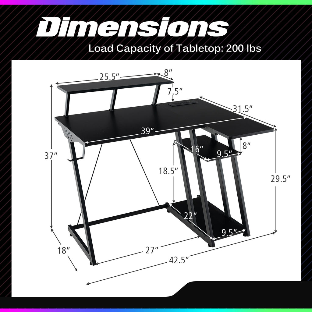 L Shaped Gaming Desk with Outlets and USB Ports