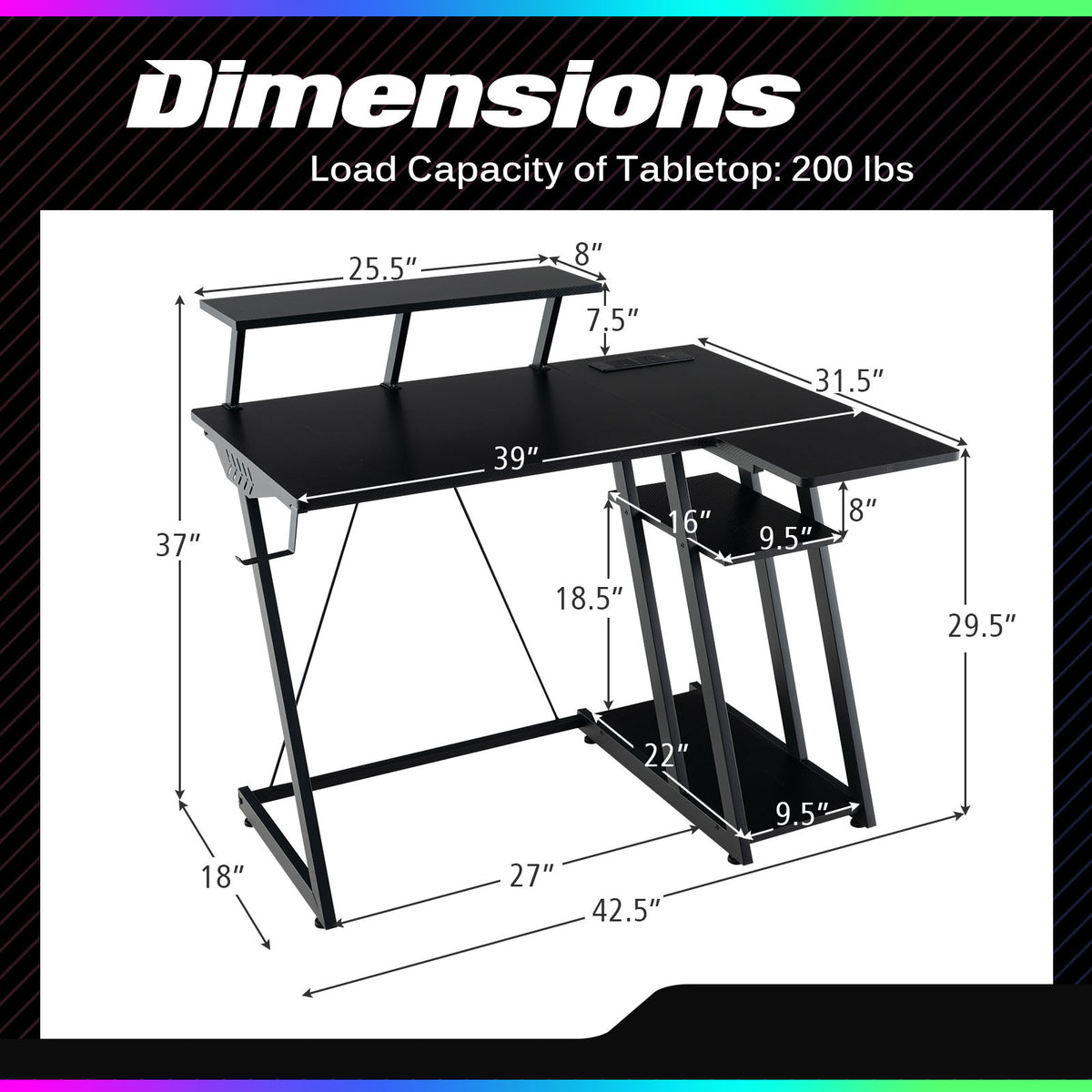 L Shaped Gaming Desk with Outlets and USB Ports