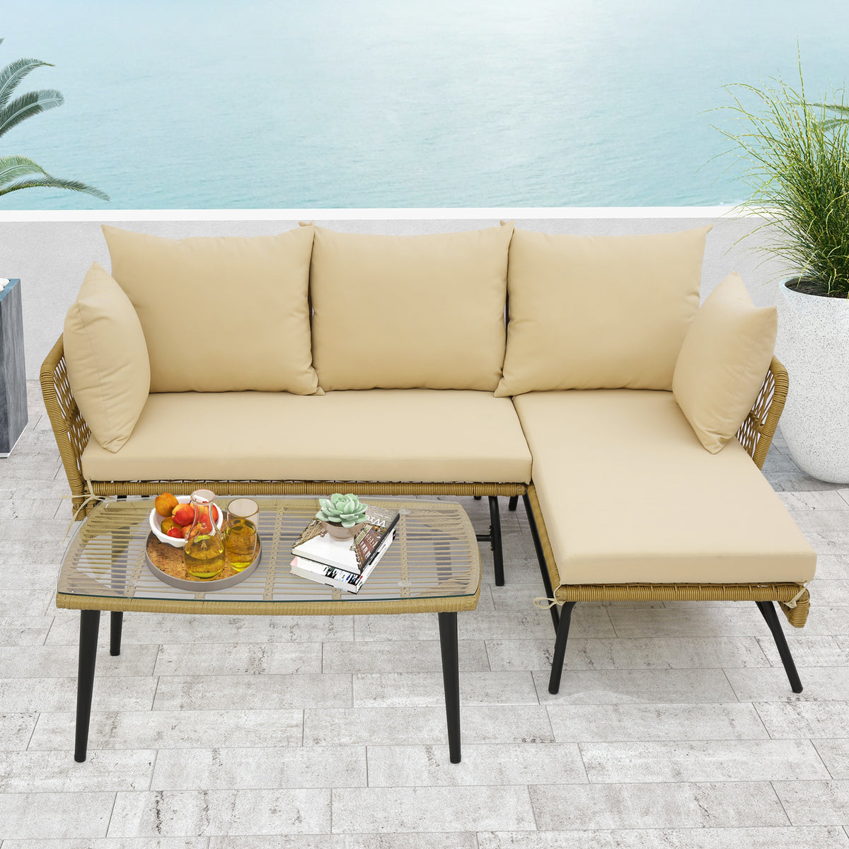 L-Shaped Patio Sofa Set with Glass Table & Cushions - Beige
