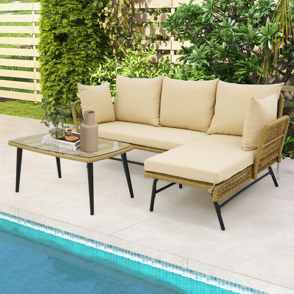 L-Shaped Patio Sofa Set with Glass Table & Cushions - Beige