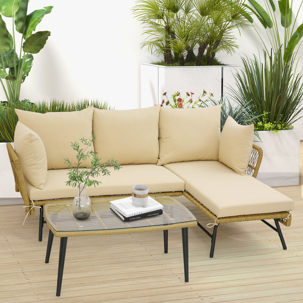 L-Shaped Patio Sofa Set with Glass Table & Cushions - Beige