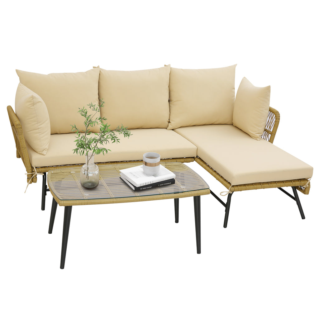 L-Shaped Patio Sofa Set with Glass Table & Cushions - Beige