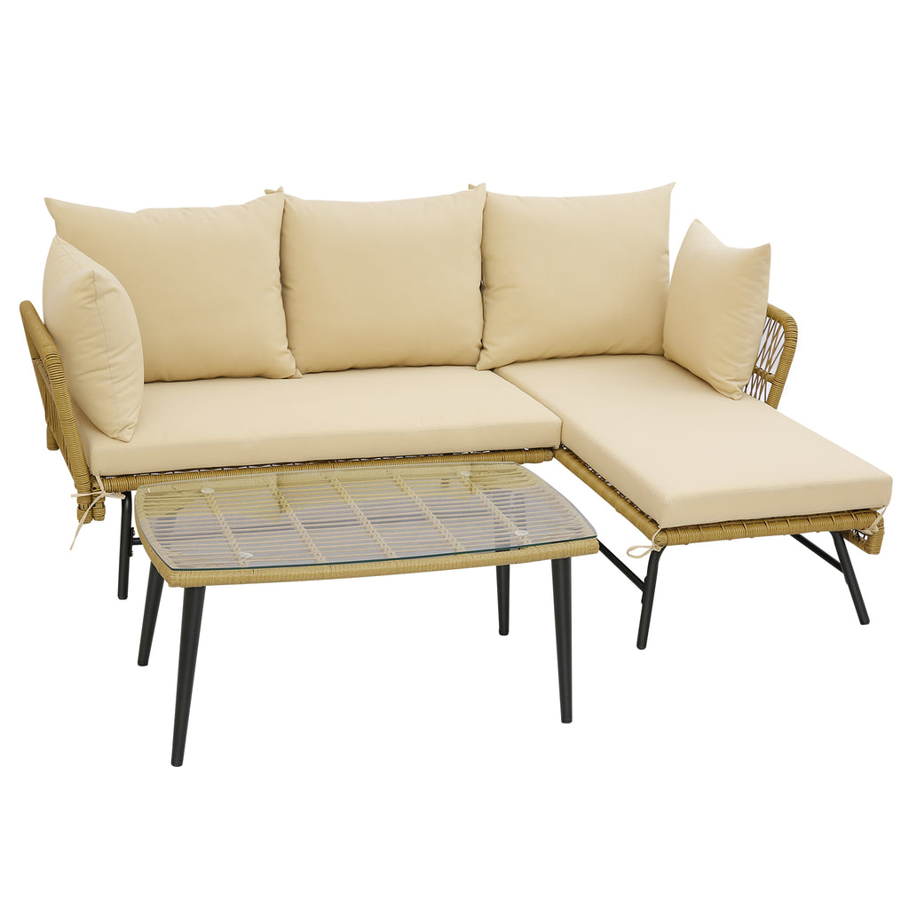 L-Shaped Patio Sofa Set with Glass Table & Cushions - Beige