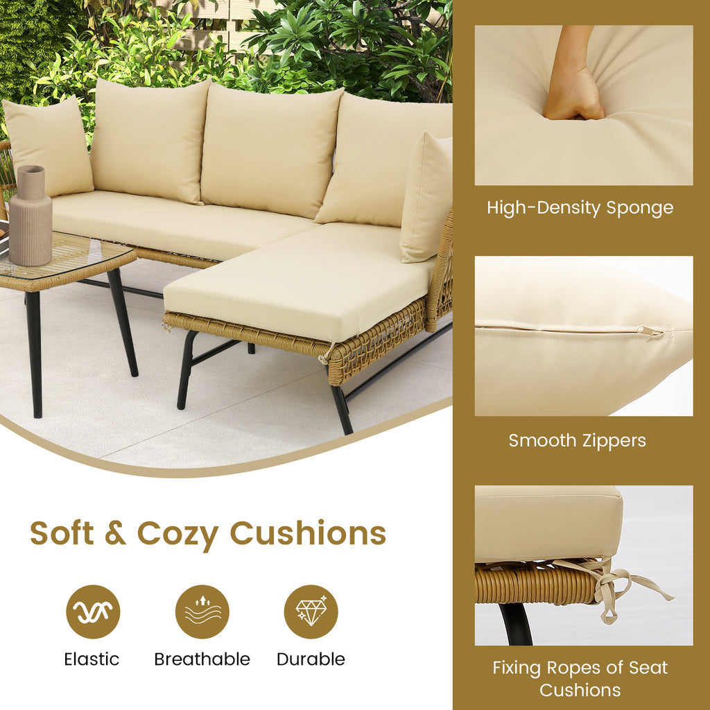 L-Shaped Patio Sofa Set with Glass Table & Cushions - Beige