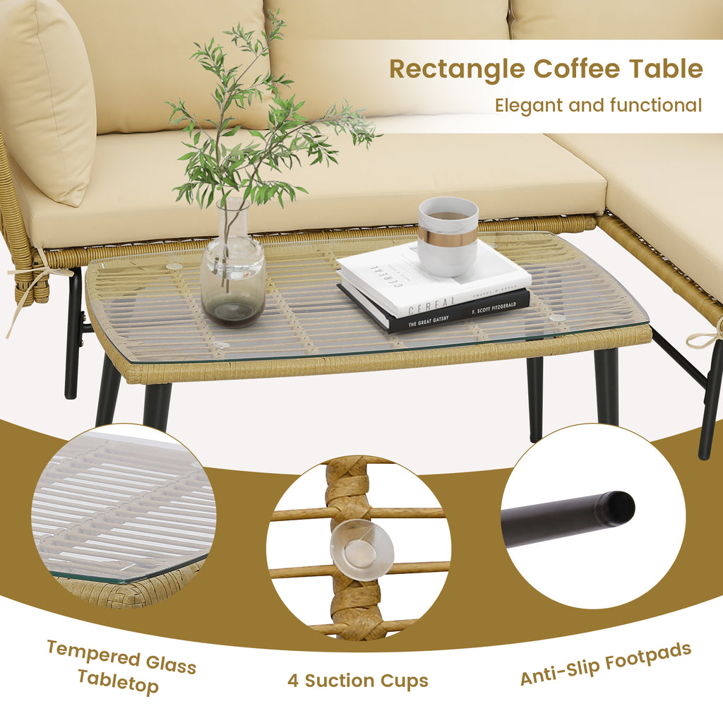 L-Shaped Patio Sofa Set with Glass Table & Cushions - Beige