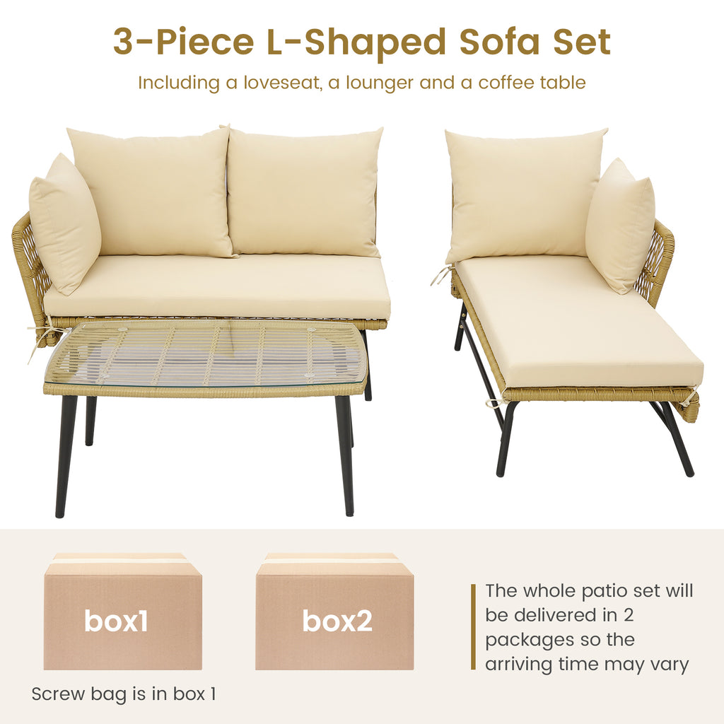 L-Shaped Patio Sofa Set with Glass Table & Cushions - Beige