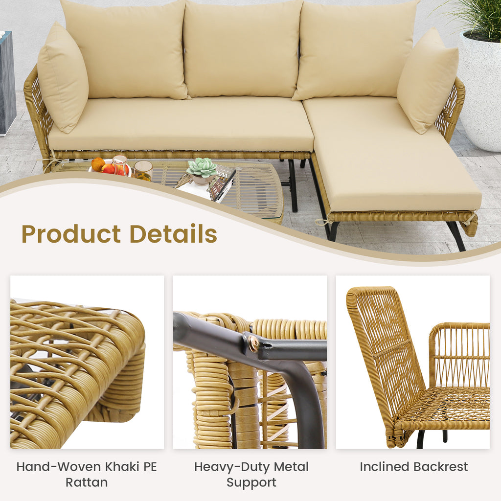 L-Shaped Patio Sofa Set with Glass Table & Cushions - Beige