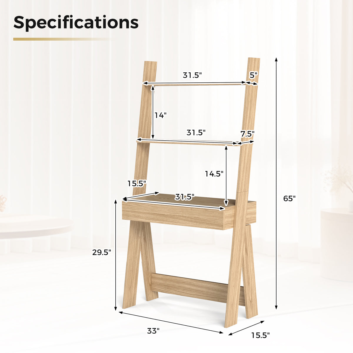 Ladder Shelf Desk with Pull-out Drawer and Anti-Toppling Device