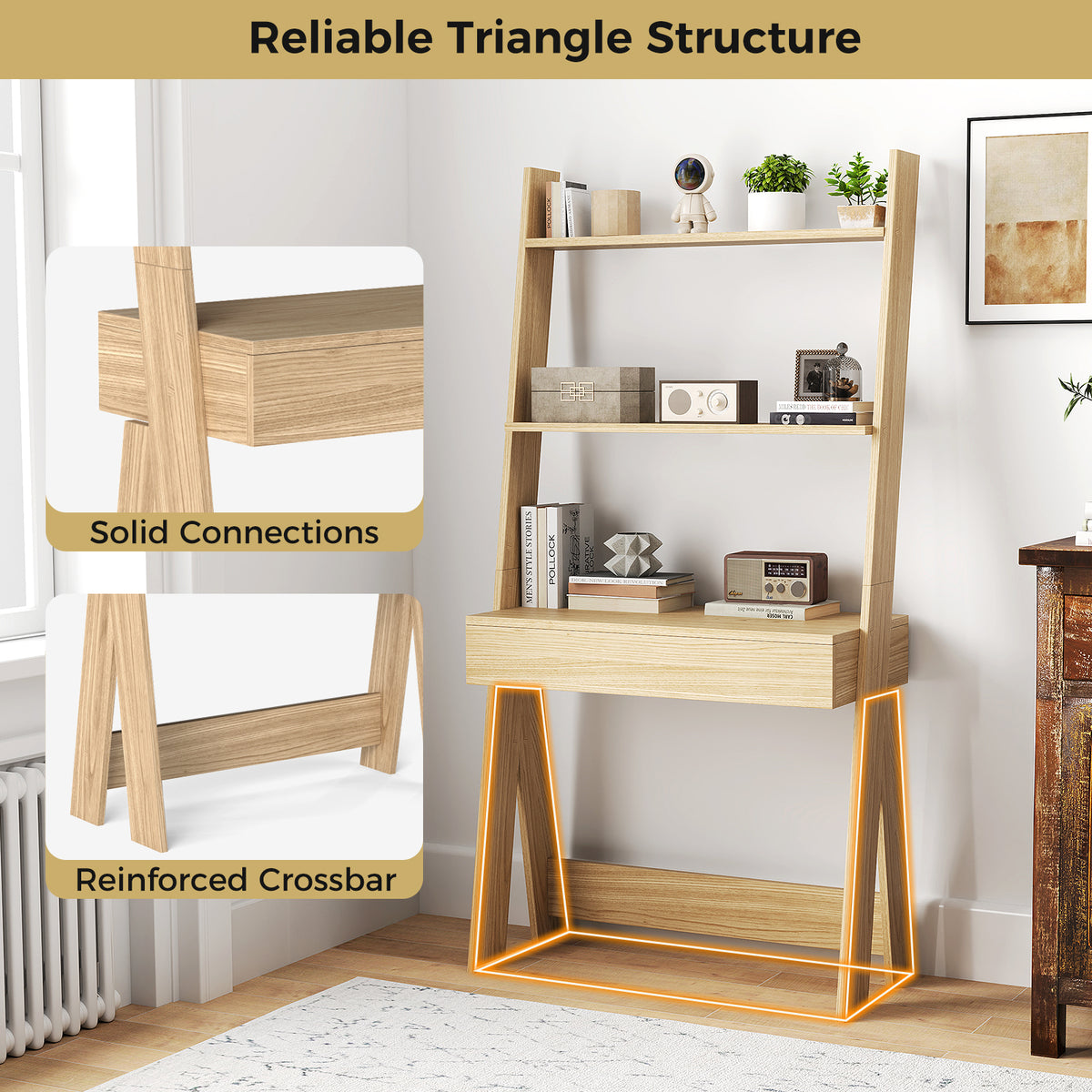 Ladder Shelf Desk with Pull-out Drawer and Anti-Toppling Device