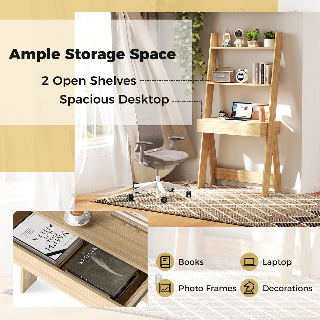 Ladder Shelf Desk with Pull-out Drawer and Anti-Toppling Device