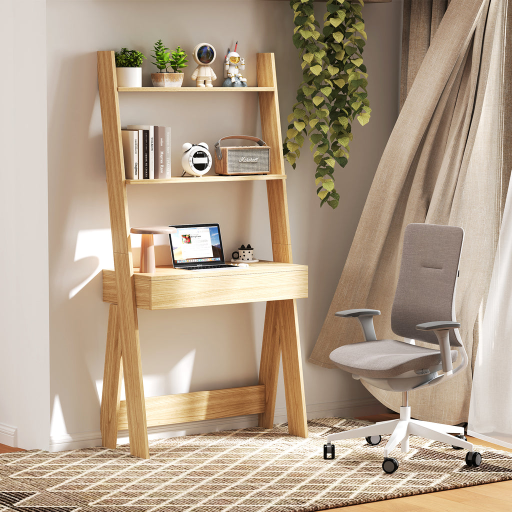 Ladder Shelf Desk with Pull-out Drawer and Anti-Toppling Device