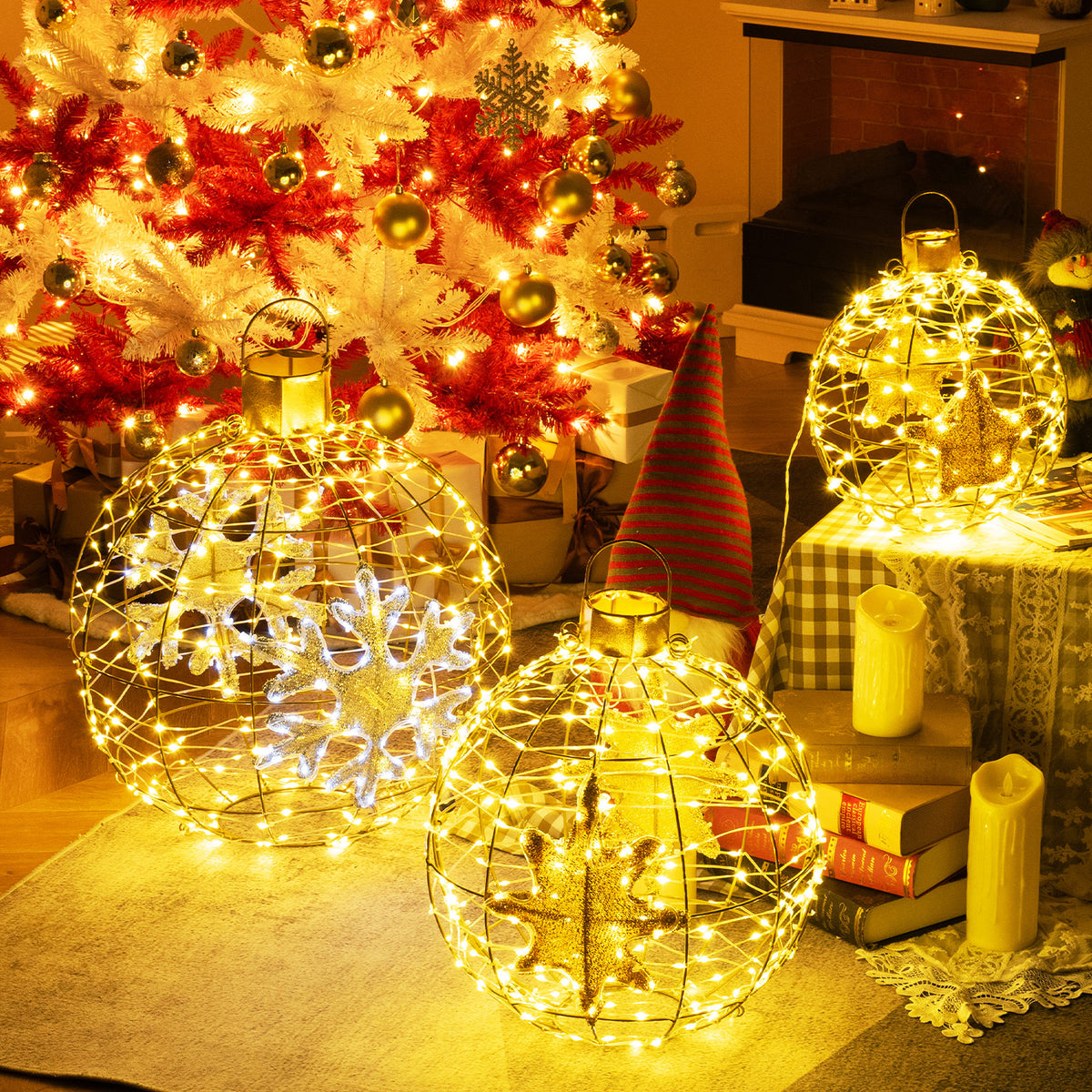 25+21+16 Inch Pre-Lit Lantern Balls Set with 732 LED Lights & Ground Stakes