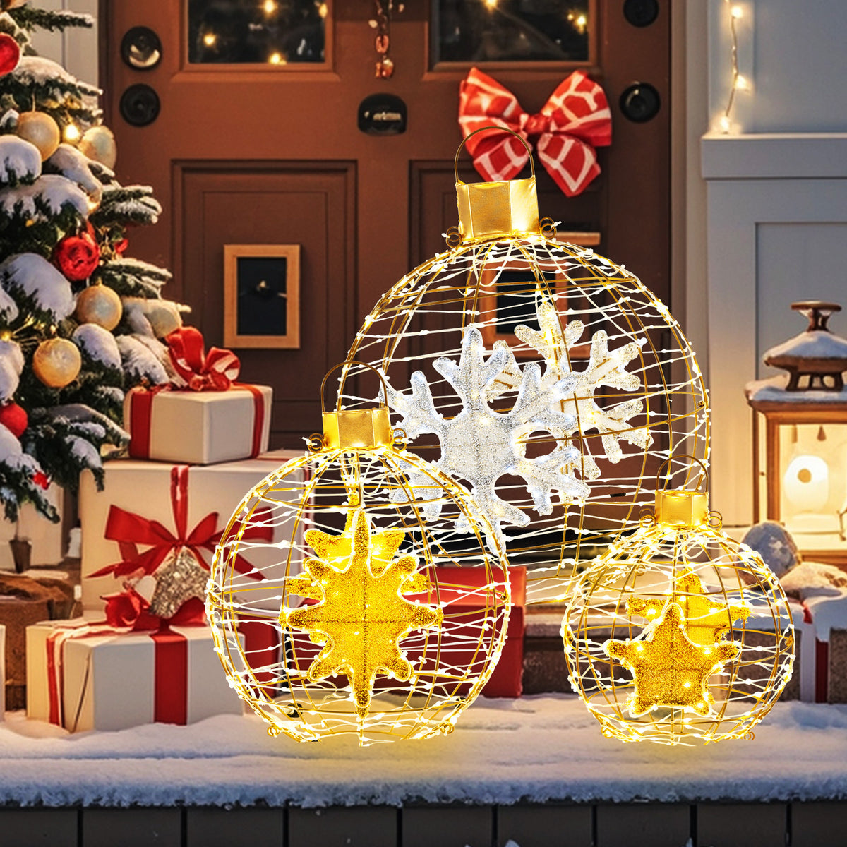 25+21+16 Inch Pre-Lit Lantern Balls Set with 732 LED Lights & Ground Stakes