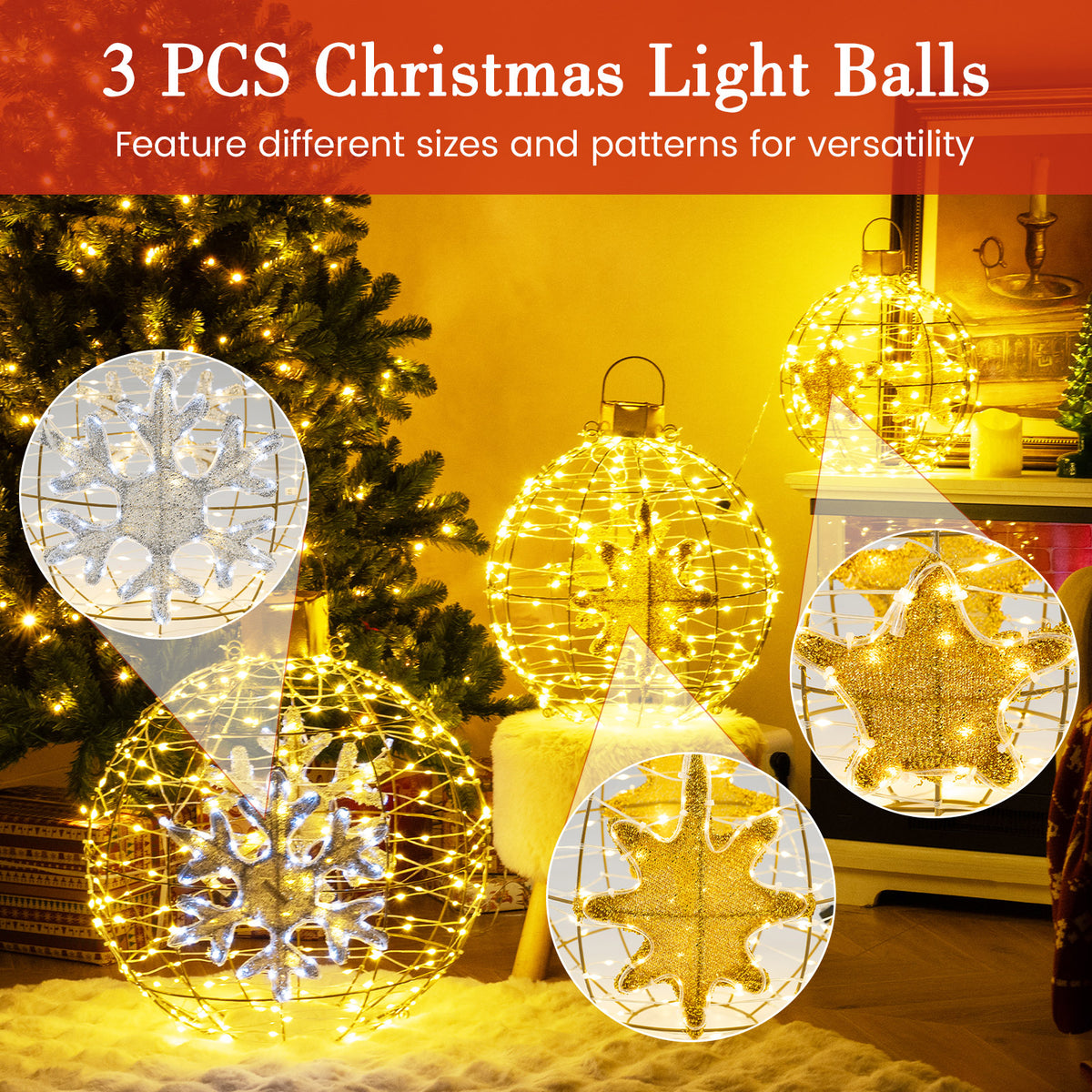 25+21+16 Inch Pre-Lit Lantern Balls Set with 732 LED Lights & Ground Stakes