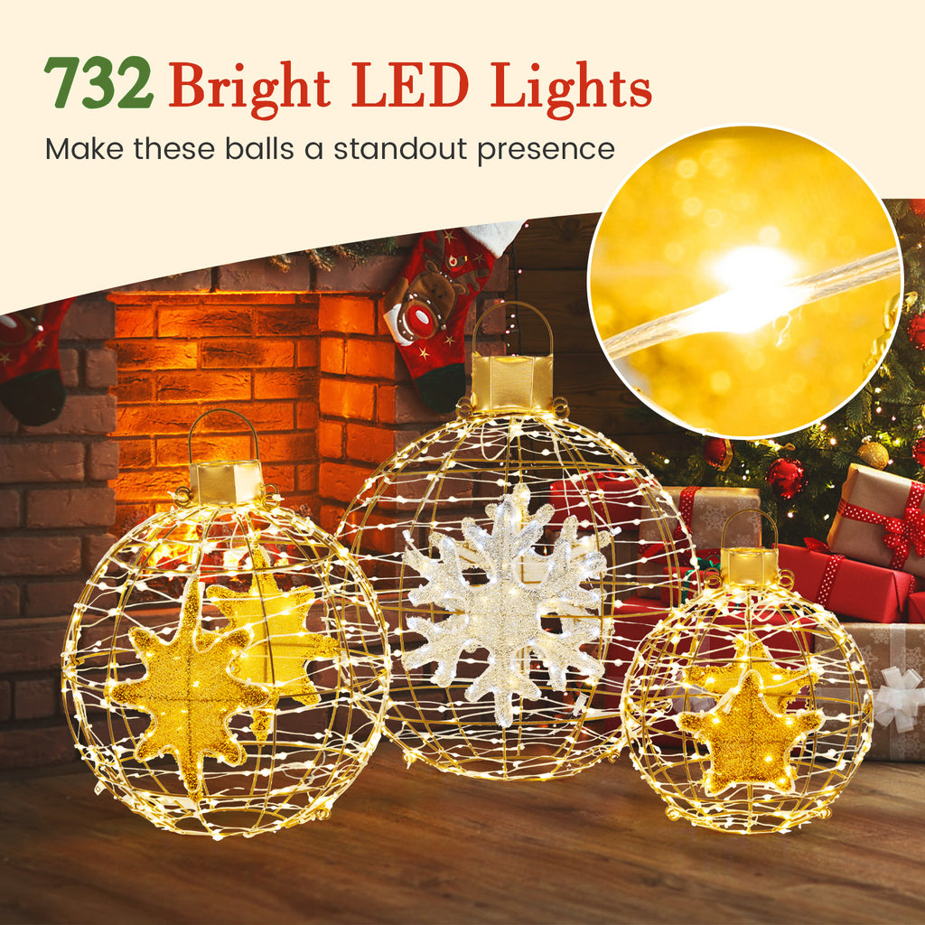 25+21+16 Inch Pre-Lit Lantern Balls Set with 732 LED Lights & Ground Stakes