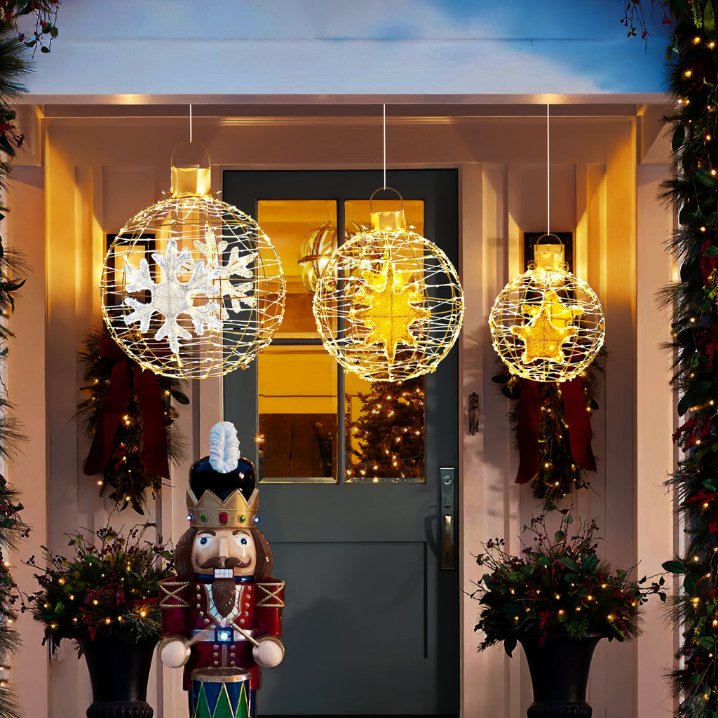 25+21+16 Inch Pre-Lit Lantern Balls Set with 732 LED Lights & Ground Stakes