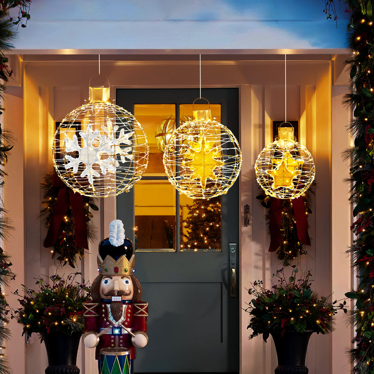 25+21+16 Inch Pre-Lit Lantern Balls Set with 732 LED Lights & Ground Stakes
