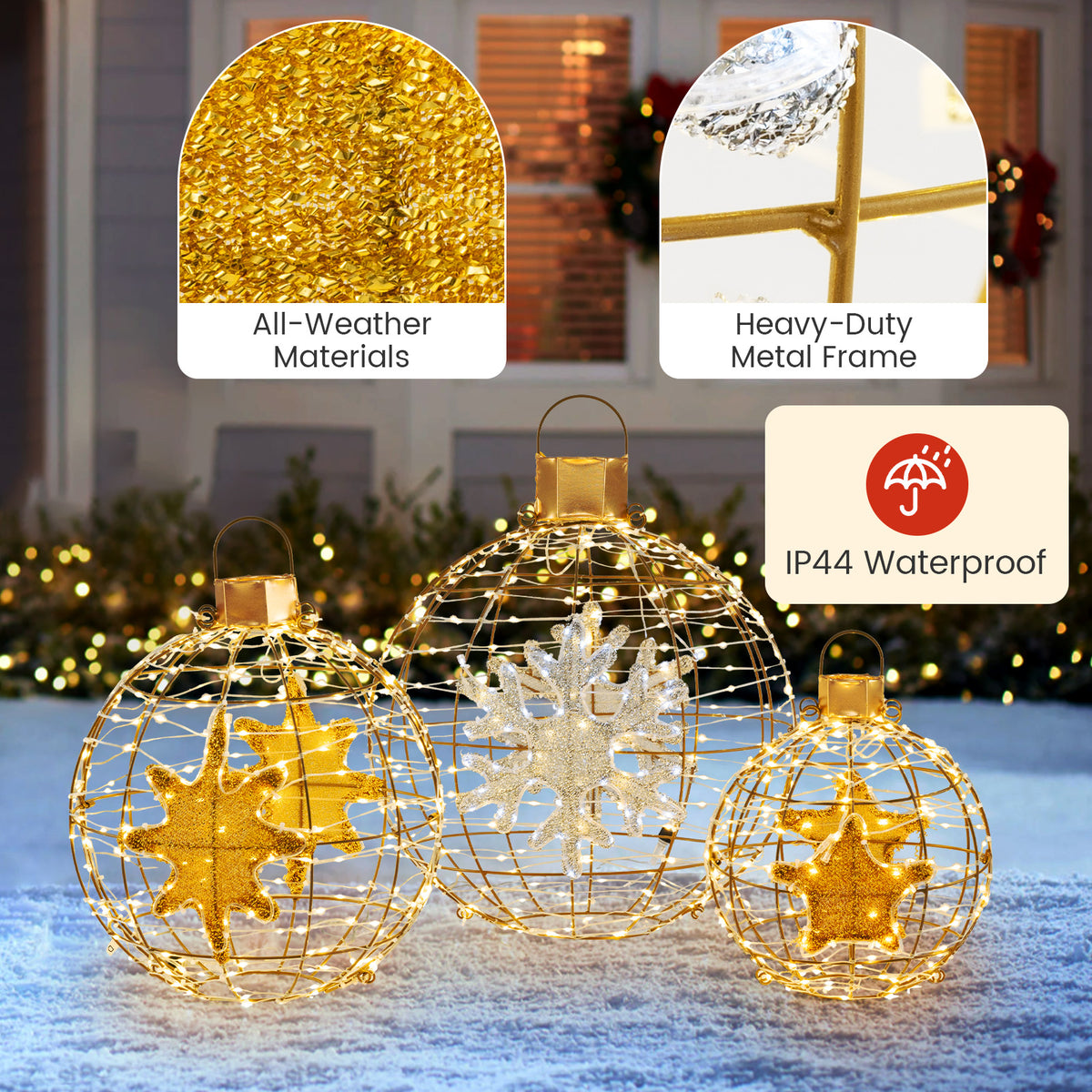 25+21+16 Inch Pre-Lit Lantern Balls Set with 732 LED Lights & Ground Stakes