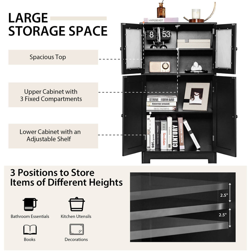 Bathroom Floor Storage Cabinet with Glass Doors and Adjustable Shelf