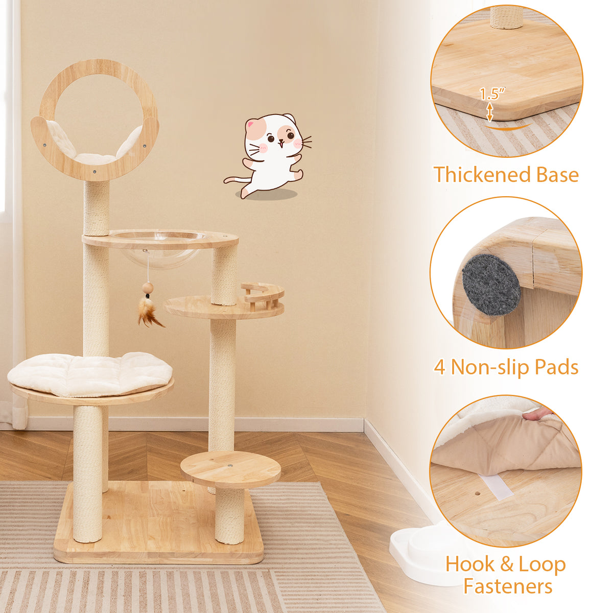 4-in-1 Large Wooden Cat Tower with Space Capsule Nest - Indoor Cat Condo