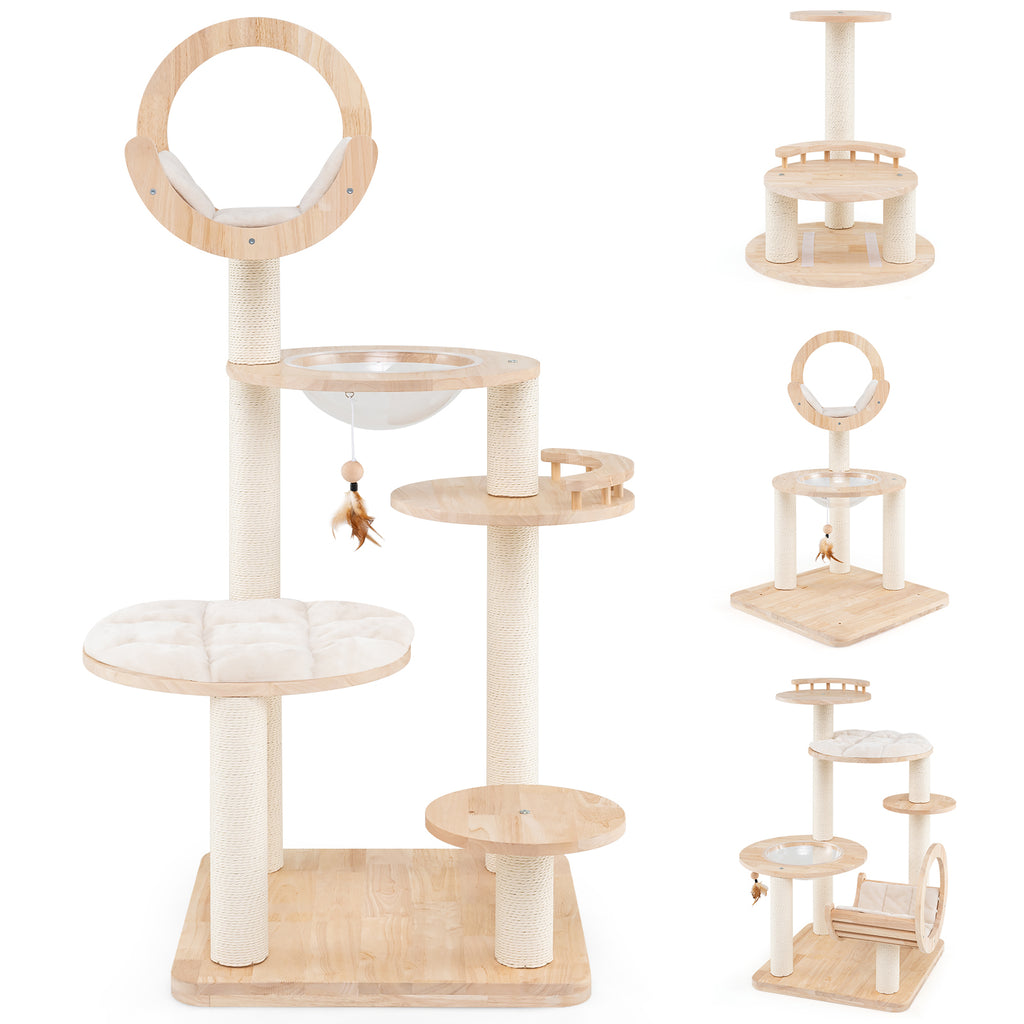 4-in-1 Large Wooden Cat Tower with Space Capsule Nest - Indoor Cat Condo
