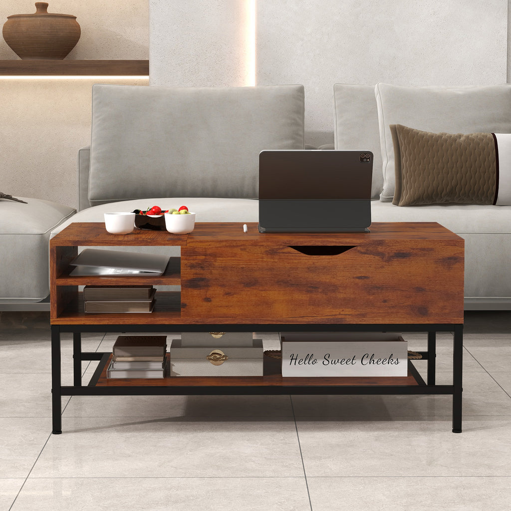 Lift Top Coffee Table with Hidden Storage - Rustic Brown