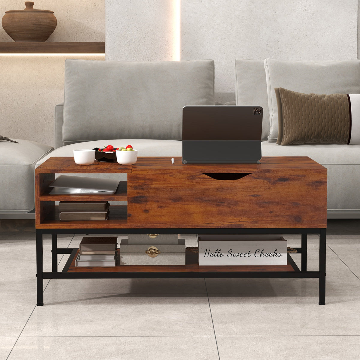 Lift Top Coffee Table with Hidden Storage - Rustic Brown