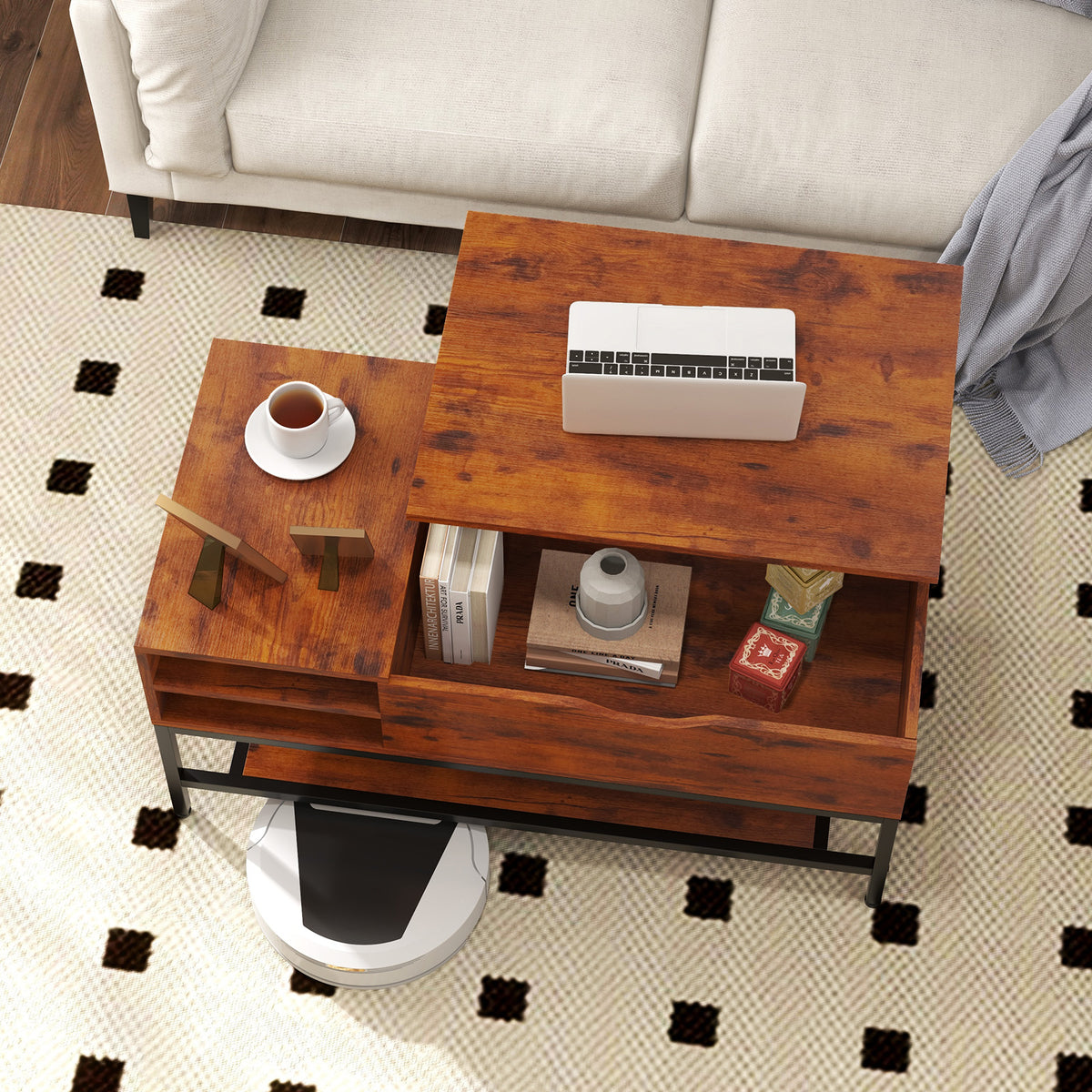 Lift Top Coffee Table with Hidden Storage - Rustic Brown