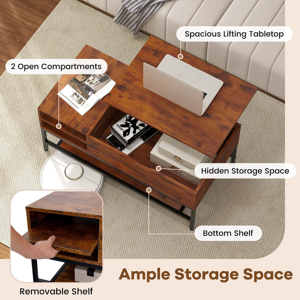 Lift Top Coffee Table with Hidden Storage - Rustic Brown
