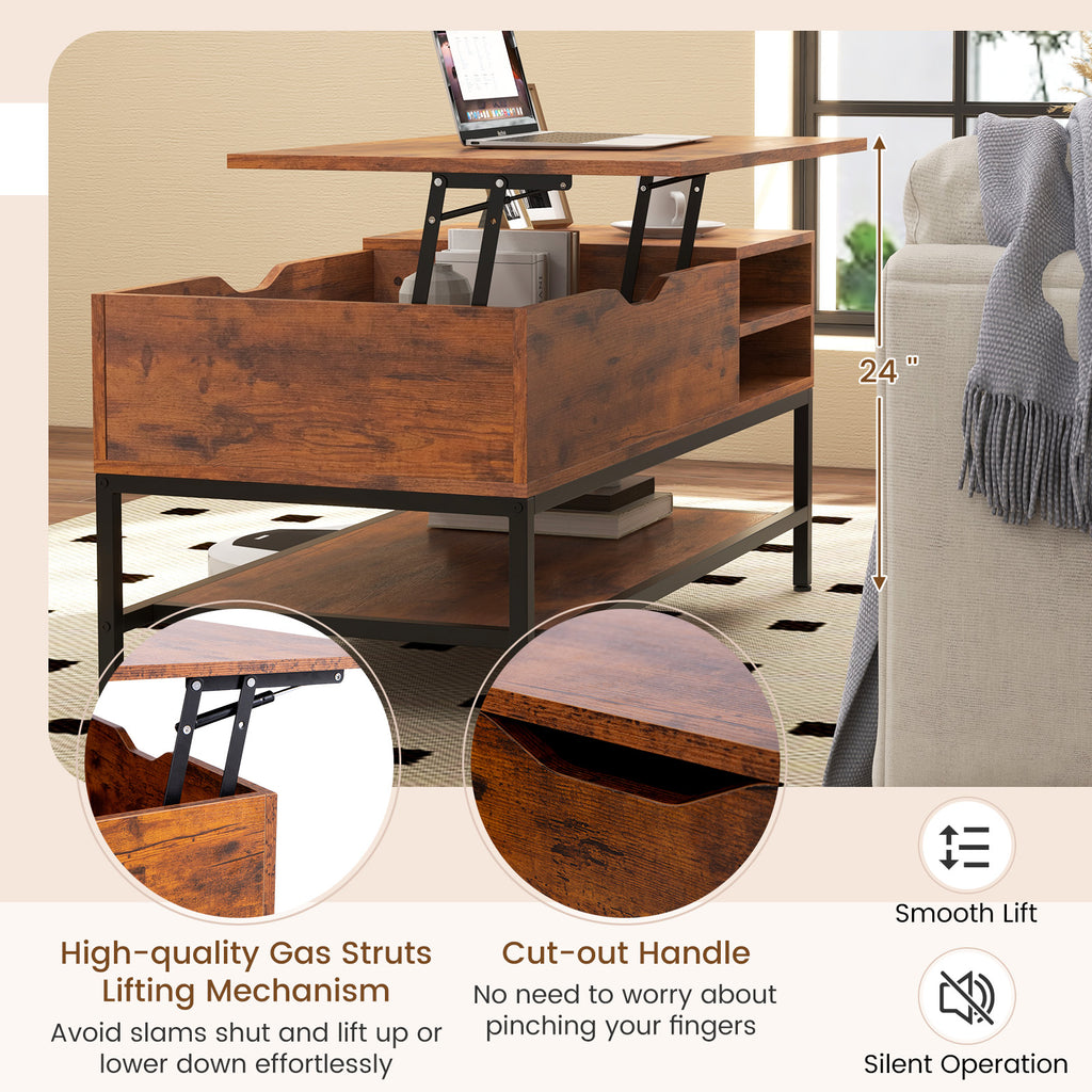 Lift Top Coffee Table with Hidden Storage - Rustic Brown