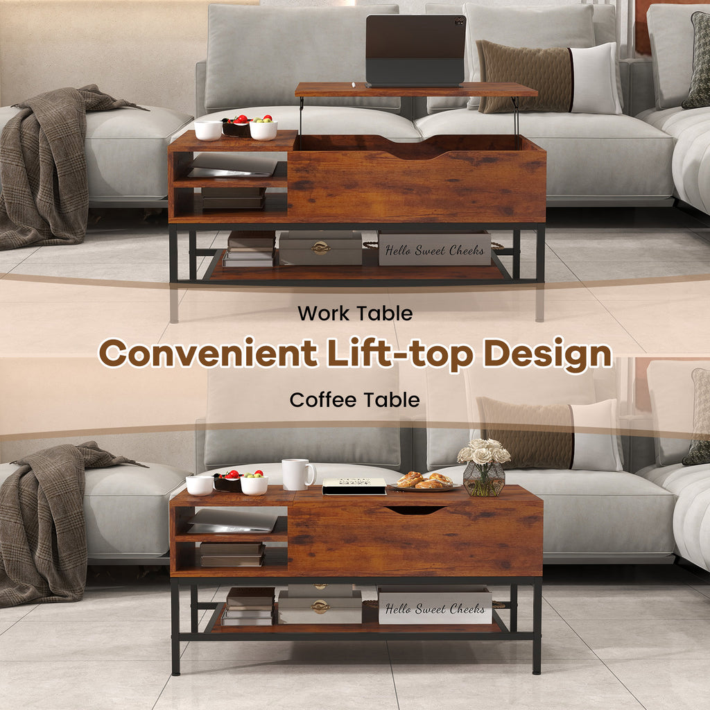 Lift Top Coffee Table with Hidden Storage - Rustic Brown