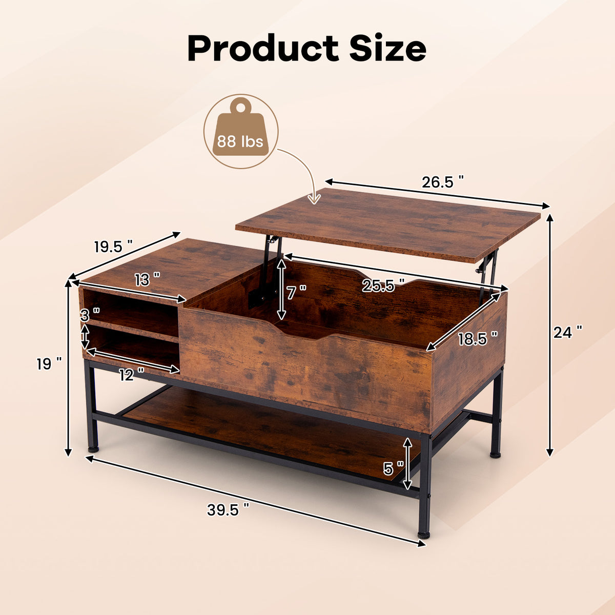 Lift Top Coffee Table with Hidden Storage - Rustic Brown