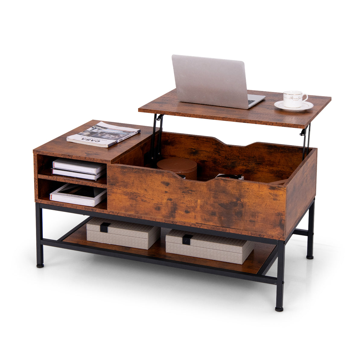 Lift Top Coffee Table with Hidden Storage - Rustic Brown