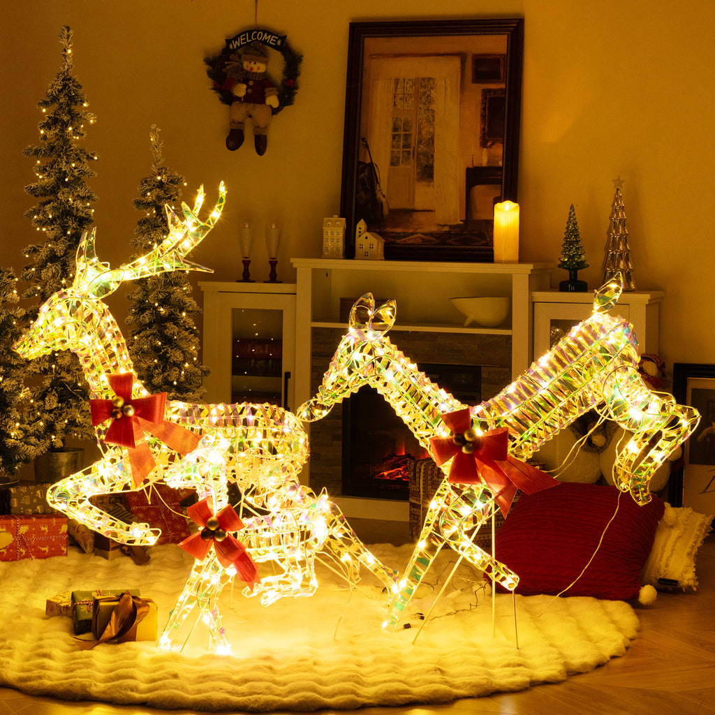 3-Piece Lighted Christmas Reindeer Family with LED Lights and Bows - Weatherproof Yard Decor