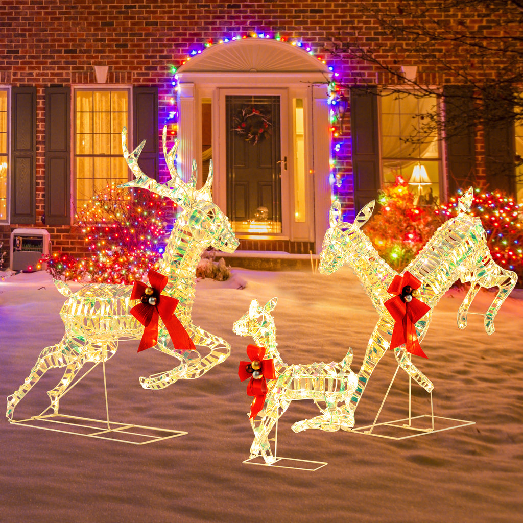 3-Piece Lighted Christmas Reindeer Family with LED Lights and Bows - Weatherproof Yard Decor