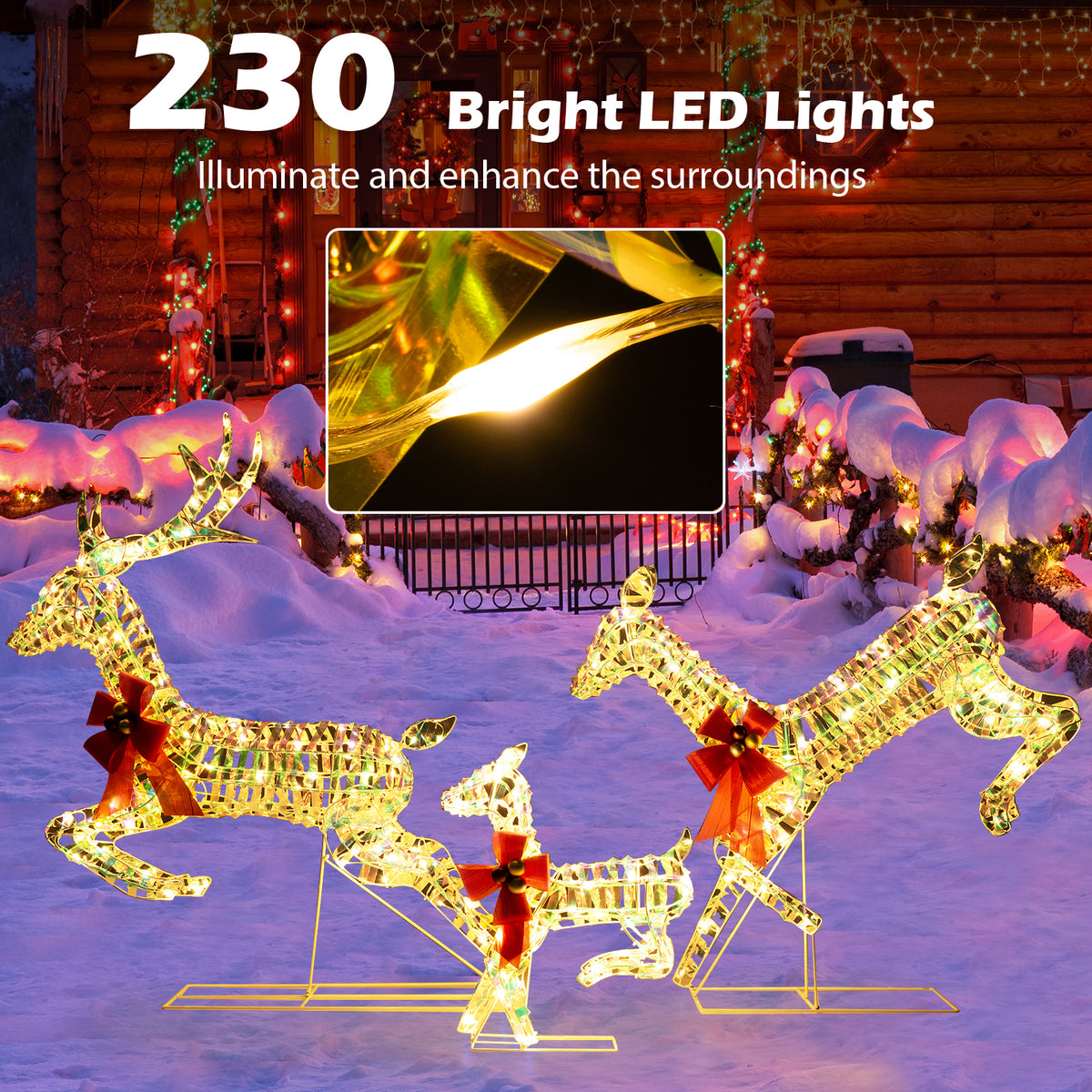 3-Piece Lighted Christmas Reindeer Family with LED Lights and Bows - Weatherproof Yard Decor