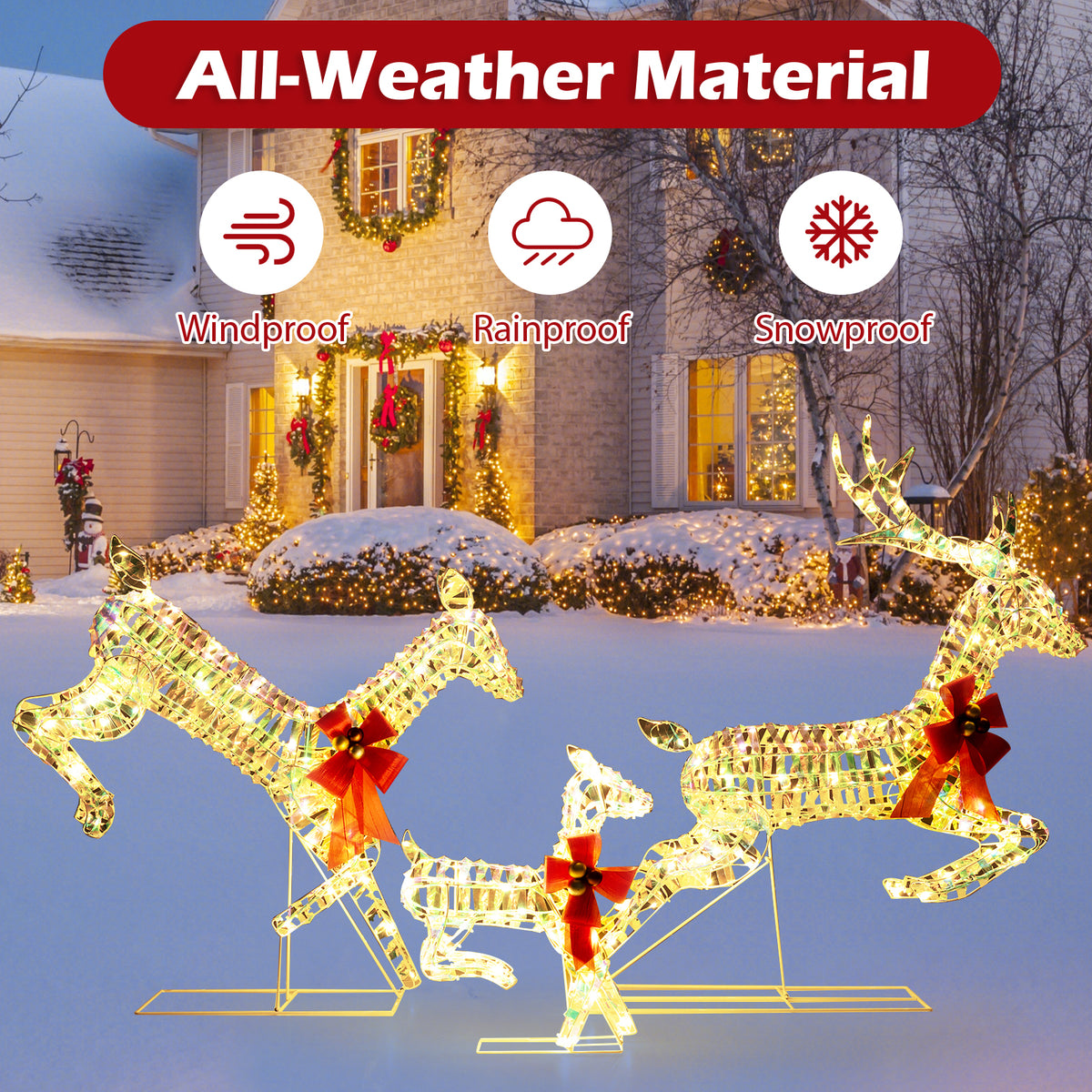 3-Piece Lighted Christmas Reindeer Family with LED Lights and Bows - Weatherproof Yard Decor