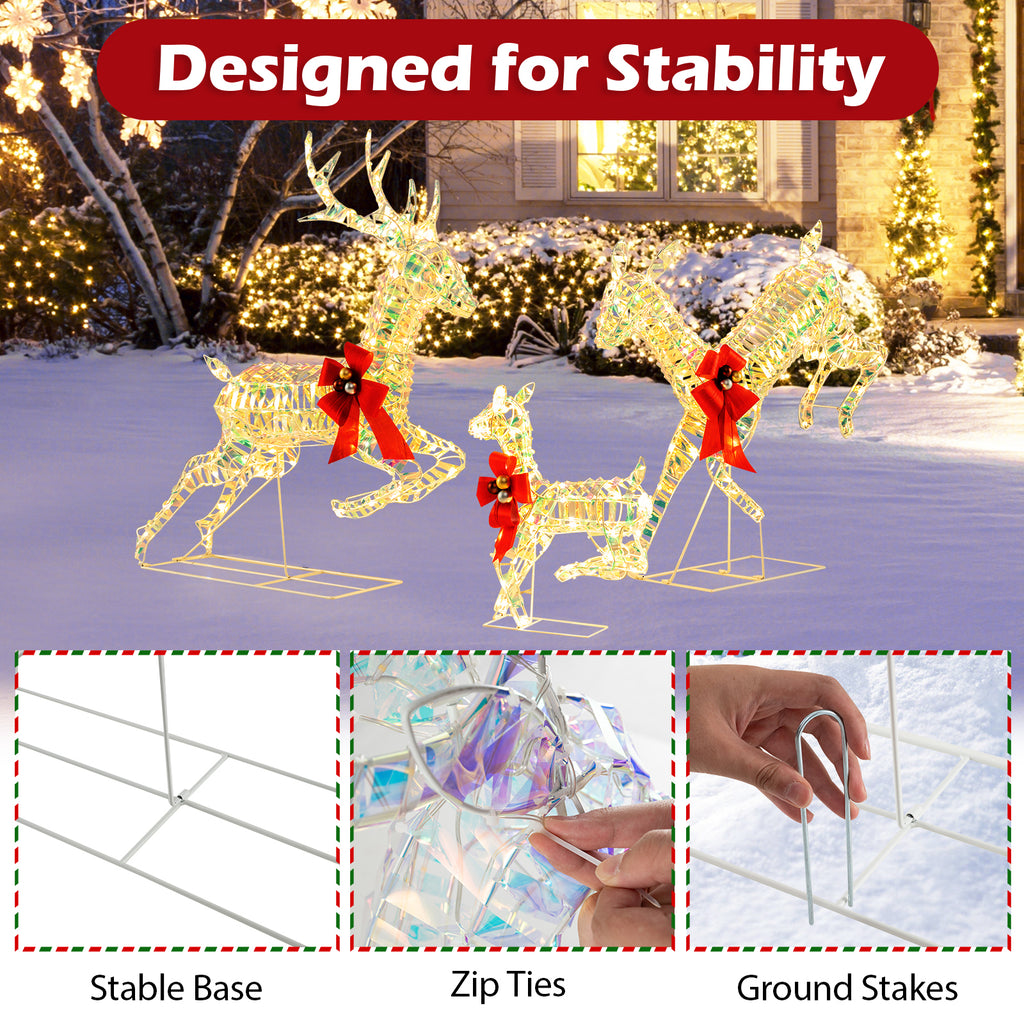 3-Piece Lighted Christmas Reindeer Family with LED Lights and Bows - Weatherproof Yard Decor