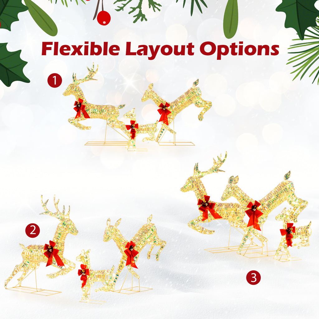 3-Piece Lighted Christmas Reindeer Family with LED Lights and Bows - Weatherproof Yard Decor