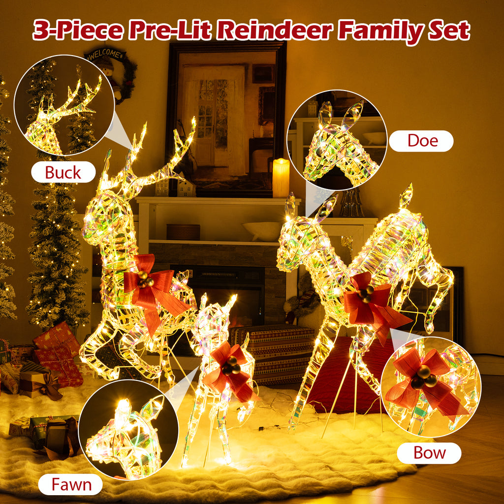 3-Piece Lighted Christmas Reindeer Family with LED Lights and Bows - Weatherproof Yard Decor