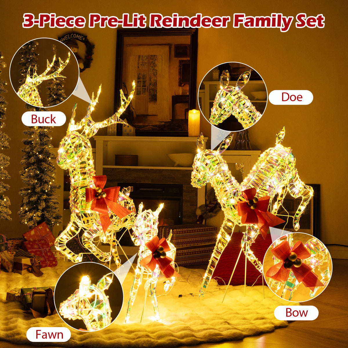 3-Piece Lighted Christmas Reindeer Family with LED Lights and Bows - Weatherproof Yard Decor