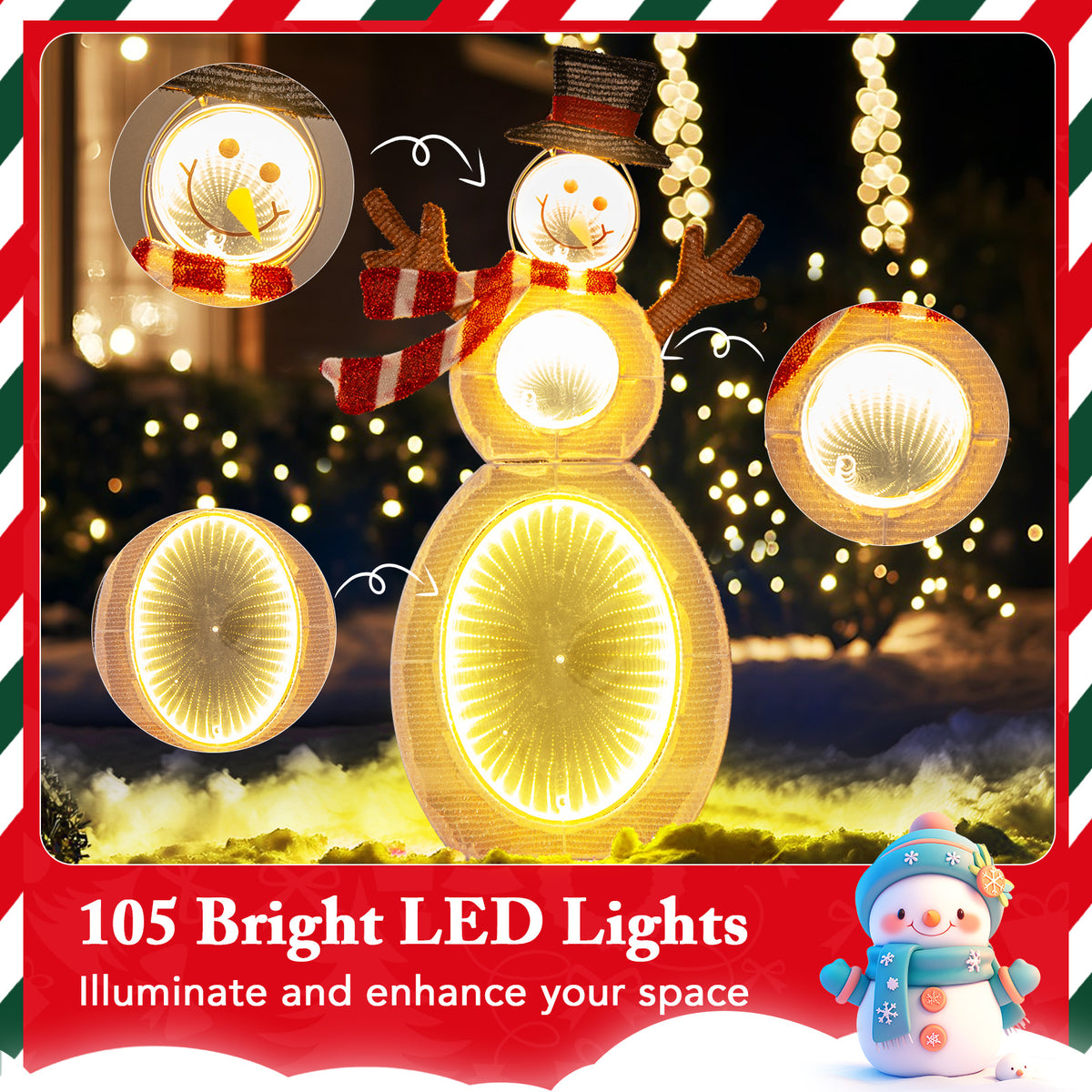 Lighted Snowman Decoration with LED Lights and Metal Stand - Outdoor Ready